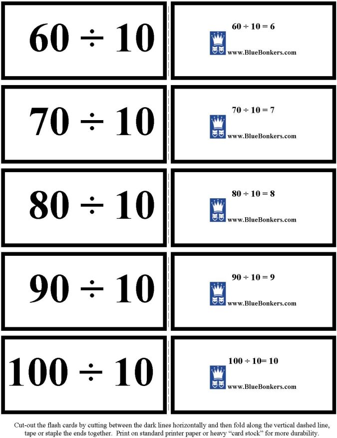 Printable Division flash cards - math skills practice sheet