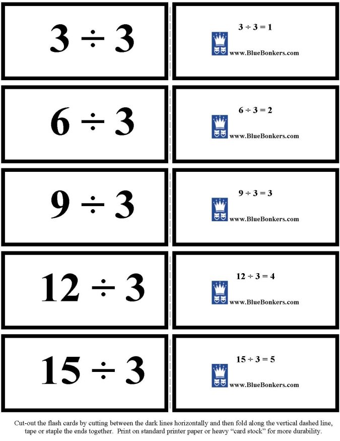 Printable Division flash cards - math skills practice sheet