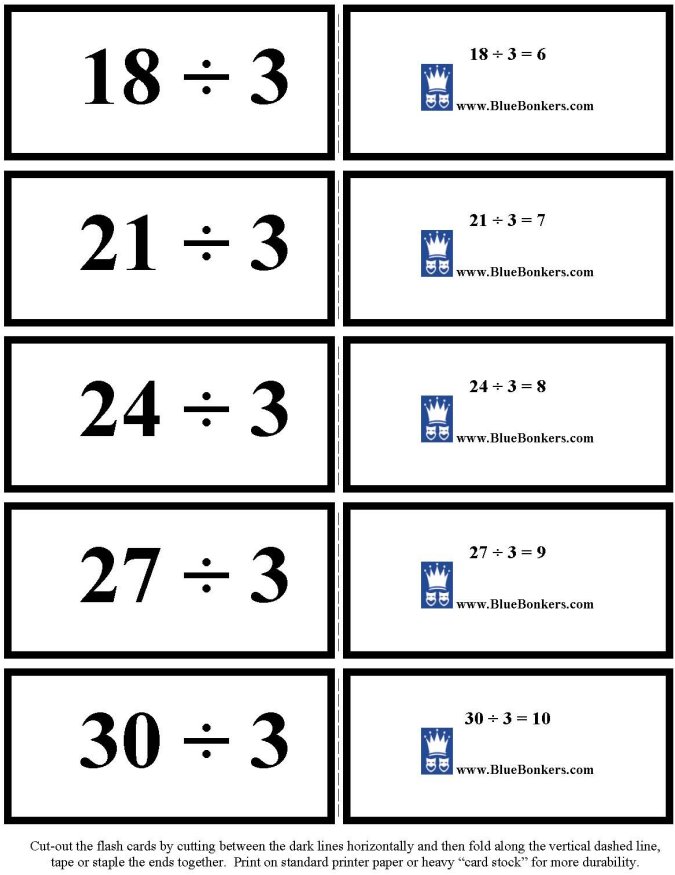 Printable Division flash cards - math skills practice sheet