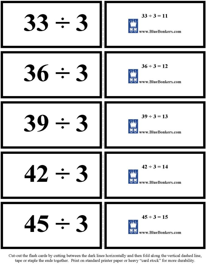 Printable Division flash cards - math skills practice sheet