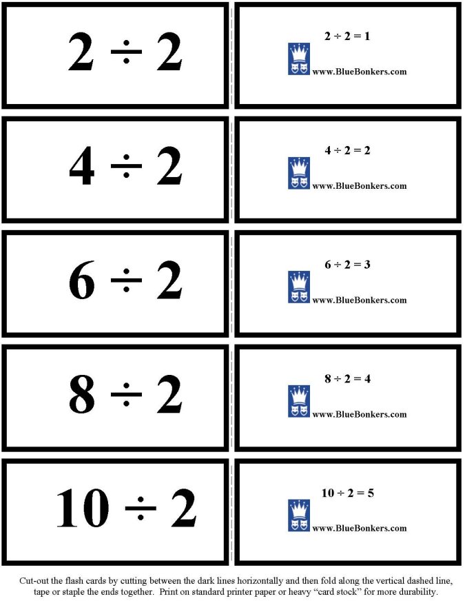 Printable Division flash cards - math skills practice sheet