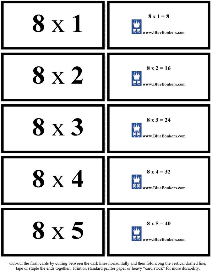 Printable multiplication flash cards - math skills practice sheet