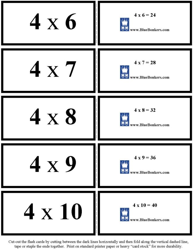 BlueBonkers - Free Printable Multiplication Flash Cards - FOURS 6-10 p2