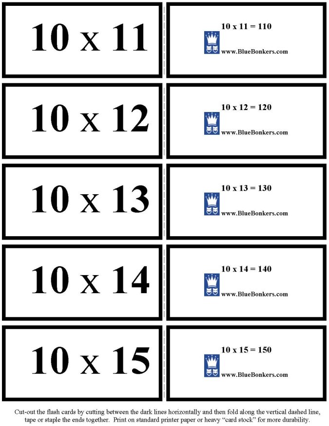 BlueBonkers Free Printable Multiplication Flash Cards TENS 11 15 P3