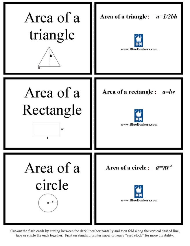 Printable geometry formula flash cards - math skills practice sheet