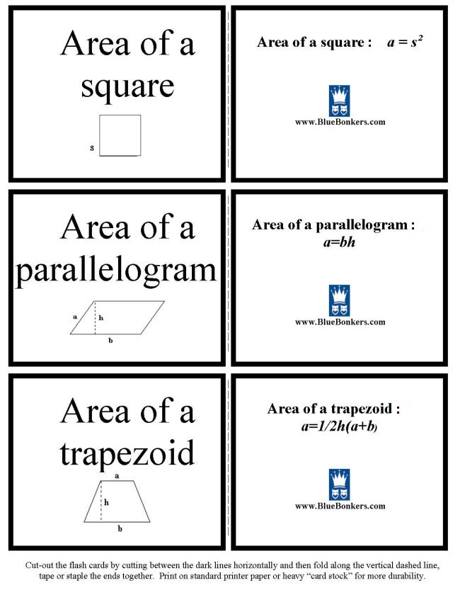 Printable geometry formula flash cards - math skills practice sheet