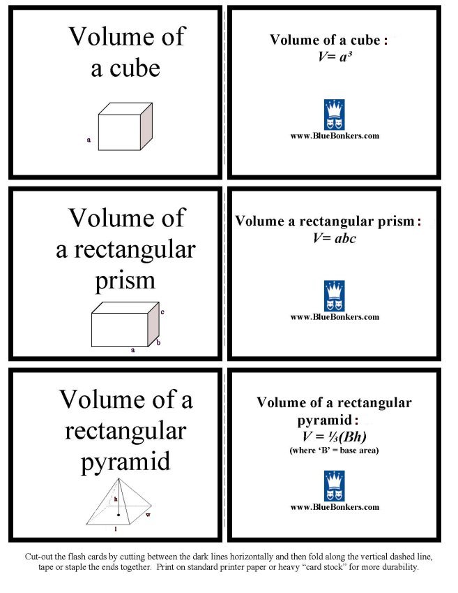 Printable geometry formula flash cards - math skills practice sheet