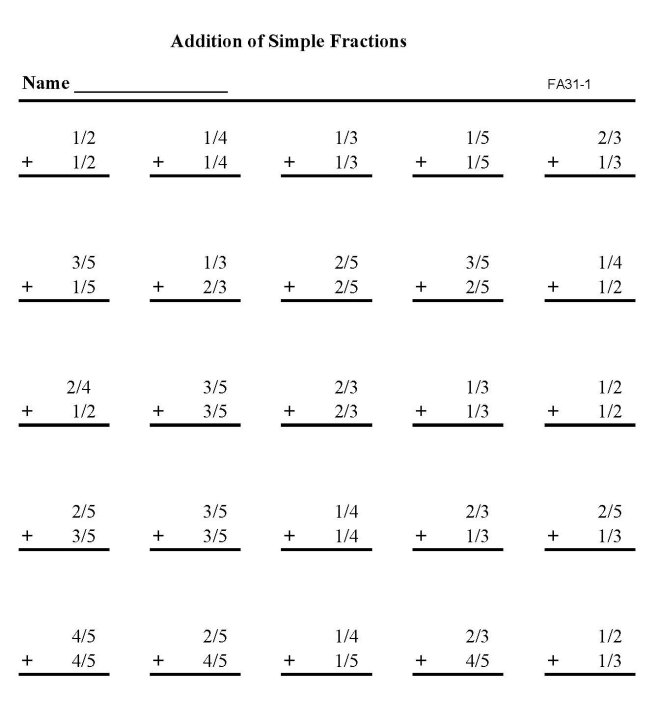 Printable addition of fractions, pratice sheet