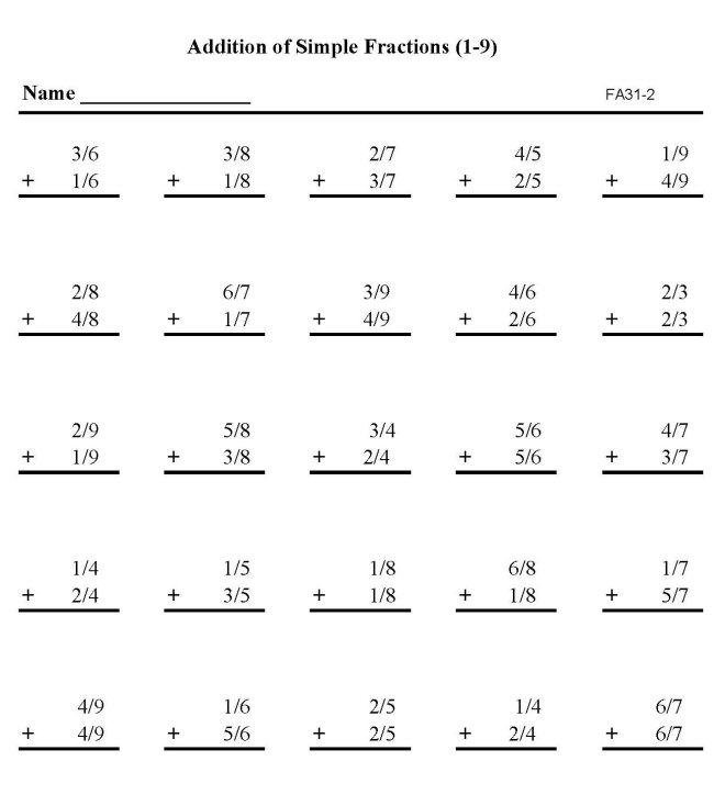 Printable addition of fractions, pratice sheet