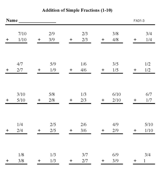 Printable addition of fractions, pratice sheet