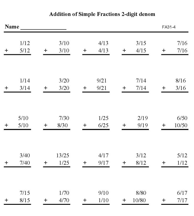 Printable addition of fractions, pratice sheet