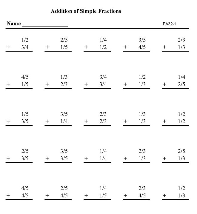 Printable addition of fractions, pratice sheet