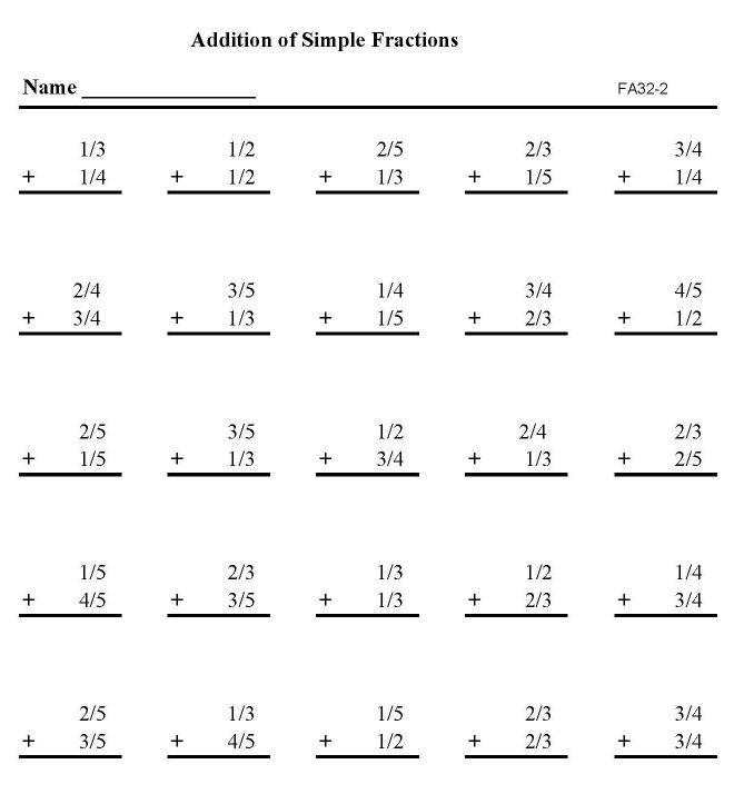 Printable addition of fractions, pratice sheet