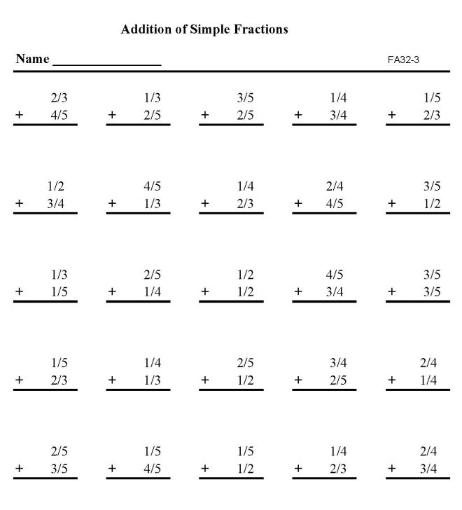 Printable addition of fractions, pratice sheet