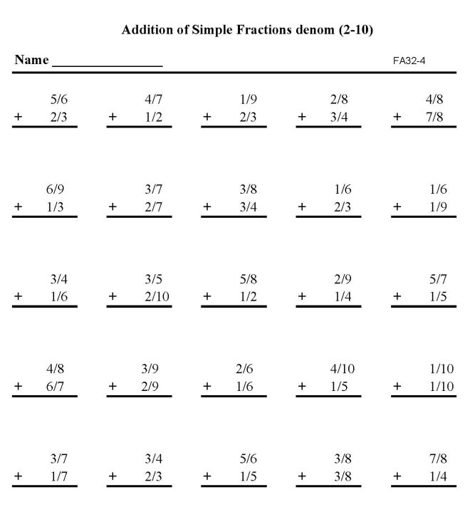 Printable addition of fractions, pratice sheet
