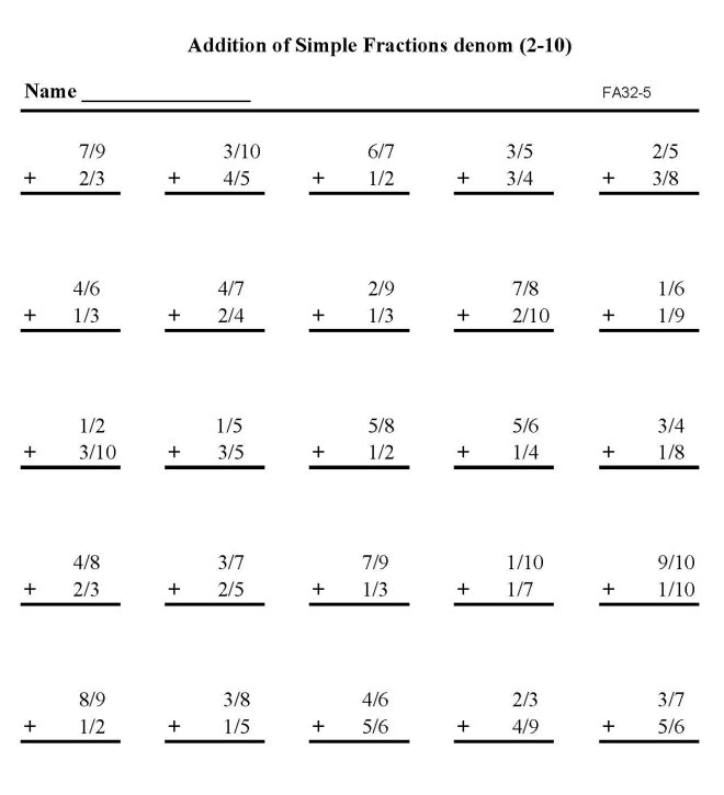 Printable addition of fractions, pratice sheet