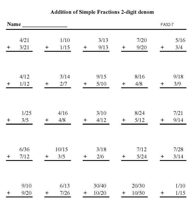 Printable addition of fractions, pratice sheet