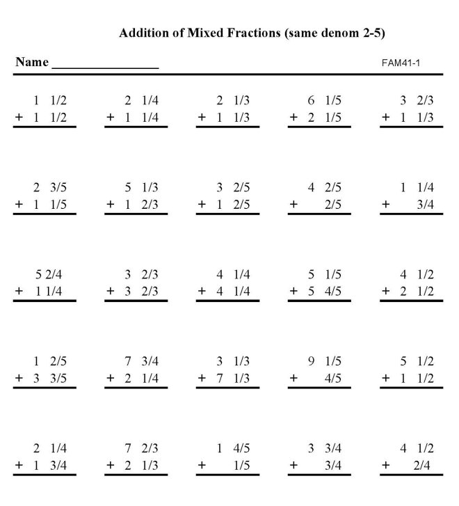 Printable addition of fractions, pratice sheet