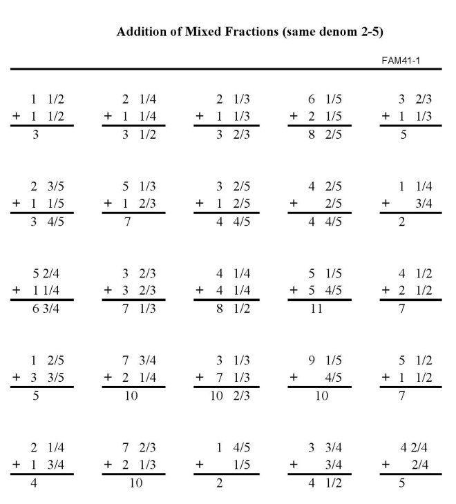 Printable addition of fractions, pratice sheet