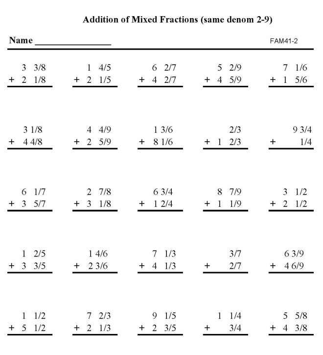 Printable addition of fractions, pratice sheet