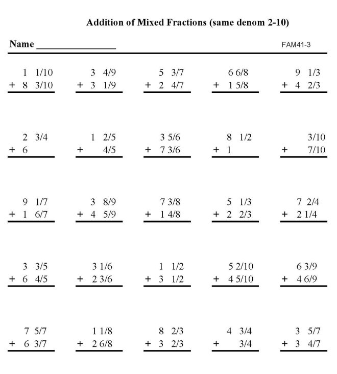 Printable addition of fractions, pratice sheet