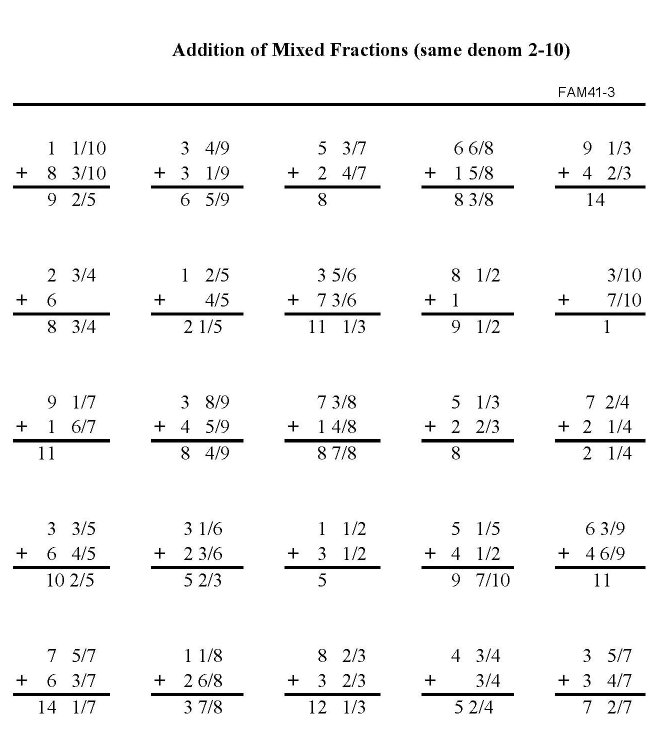 Printable addition of fractions, pratice sheet