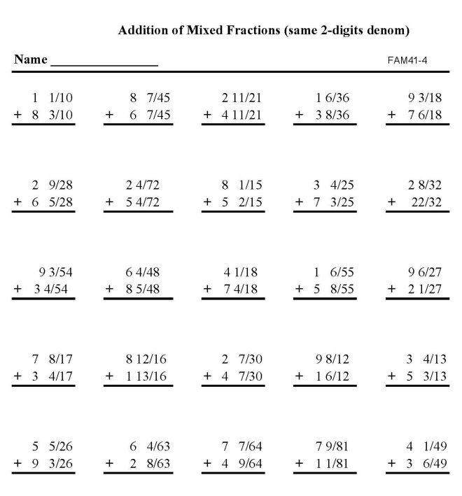 Printable addition of fractions, pratice sheet