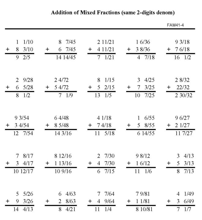 Printable addition of fractions, pratice sheet