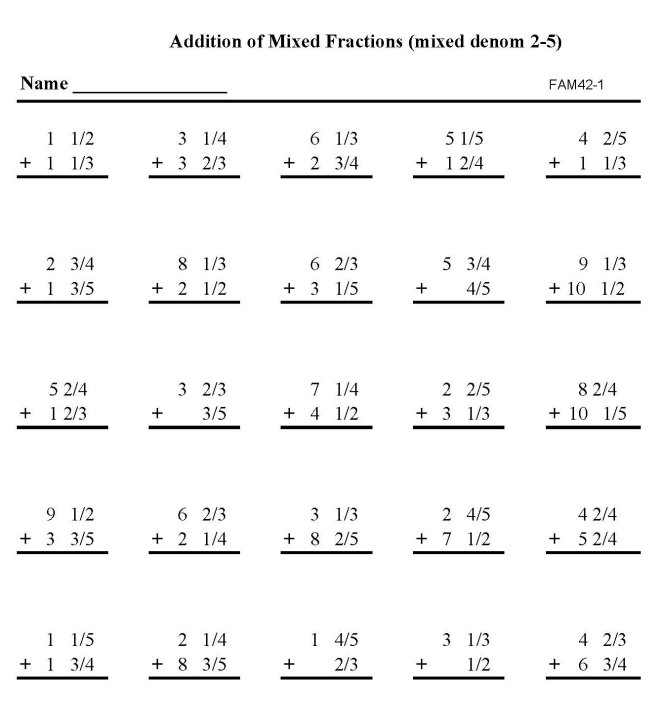 Printable addition of fractions, pratice sheet