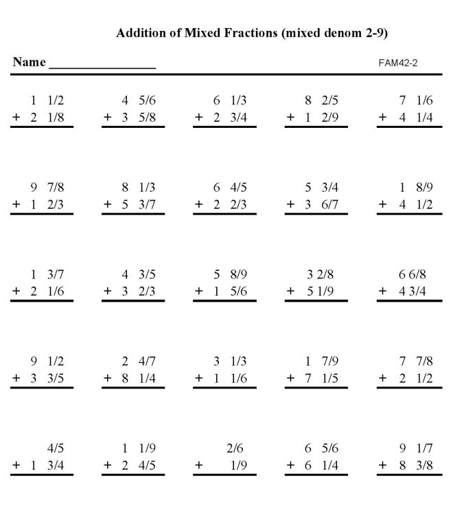 Printable addition of fractions, pratice sheet