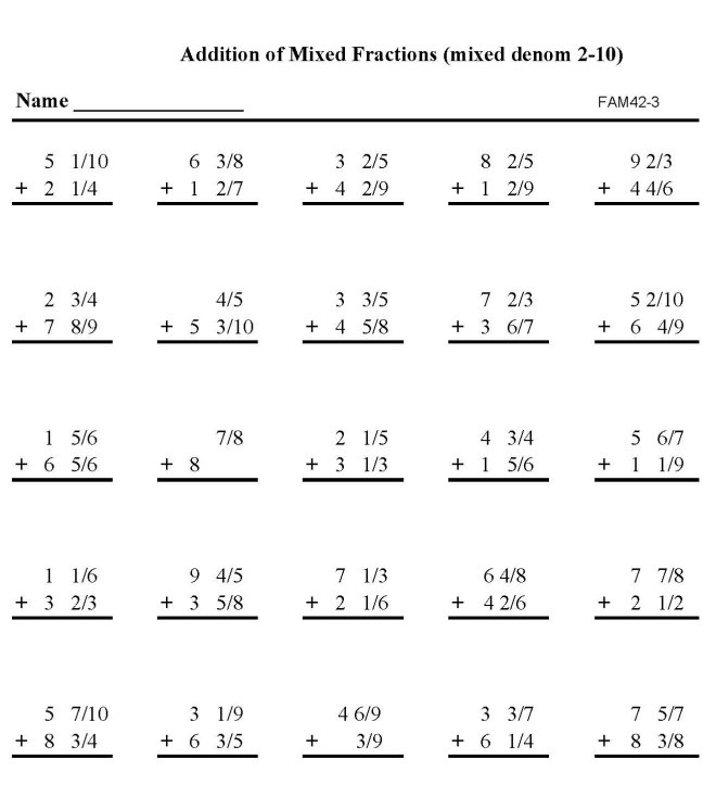 Printable addition of fractions, pratice sheet