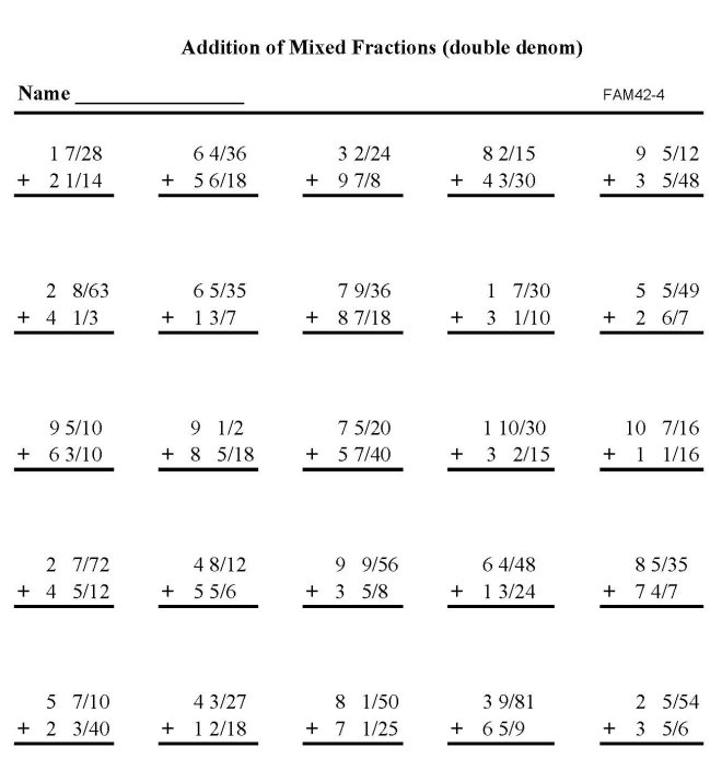 Printable addition of fractions, pratice sheet