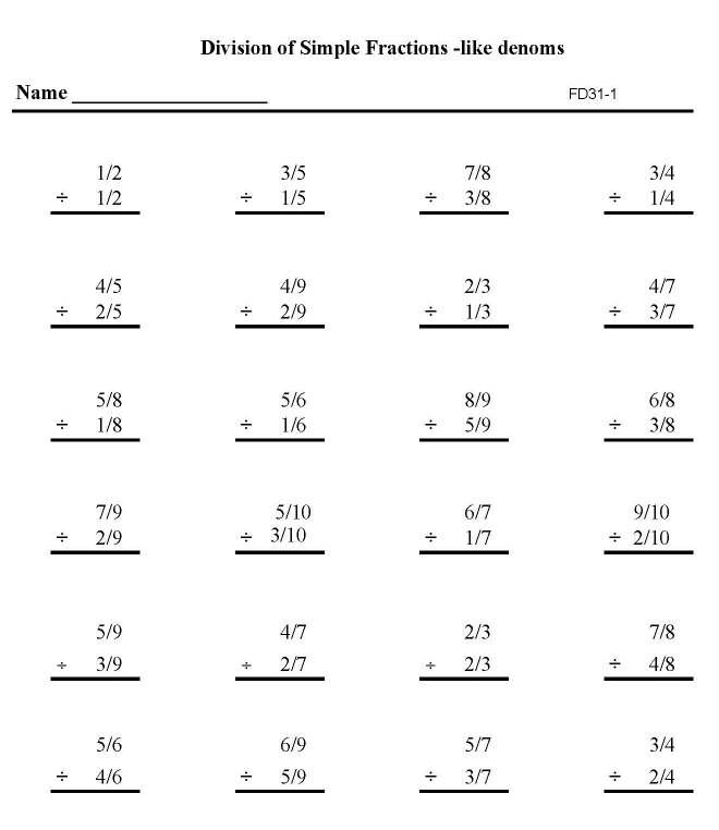 Printable fractions division work sheet - math skills student practice sheet