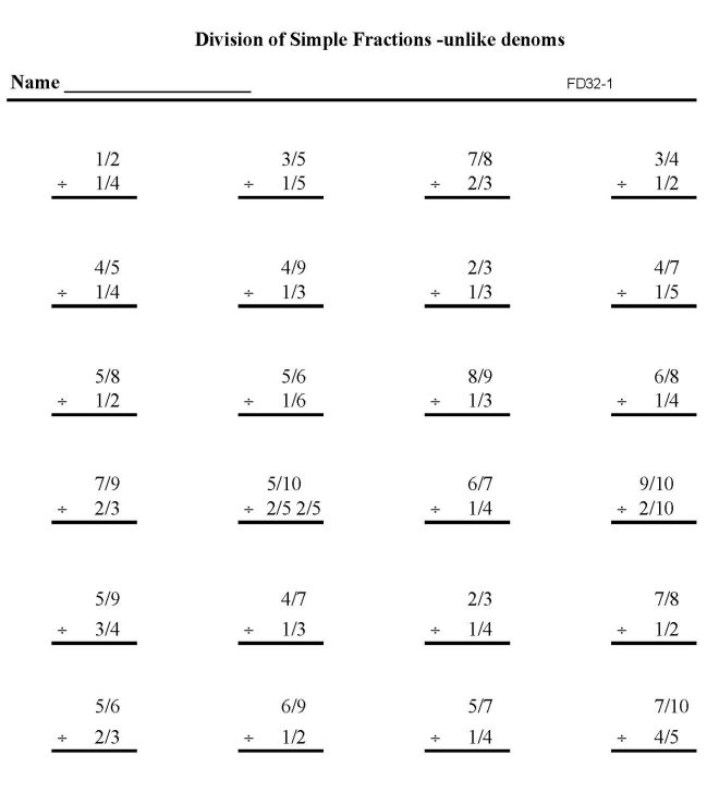 Printable fractions division work sheet - math skills student practice sheet