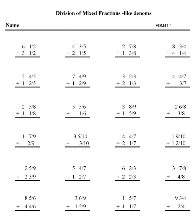 Printable fractions division work sheet - math skills student practice sheet