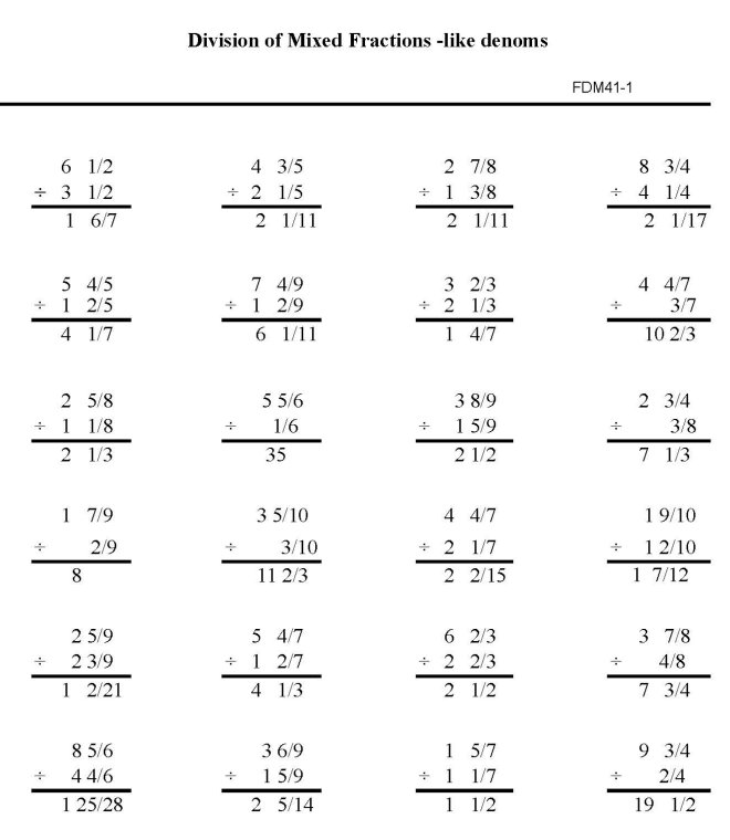 Printable fractions division work sheet - math skills student practice sheet