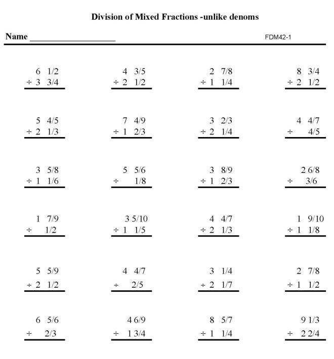 Printable fractions division work sheet - math skills student practice sheet