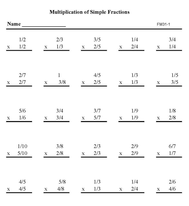 Printable fractions multiplicaton work sheet - math skills student practice sheet