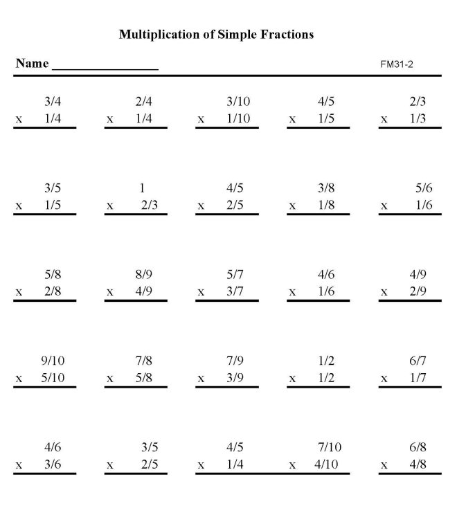 Printable fractions multiplicaton work sheet - math skills student practice sheet