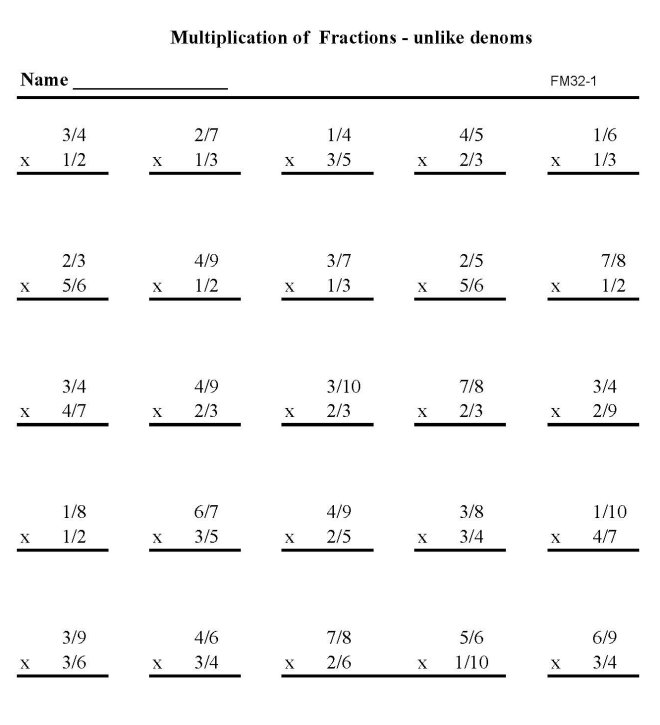 Printable fractions multiplicaton work sheet - math skills student practice sheet