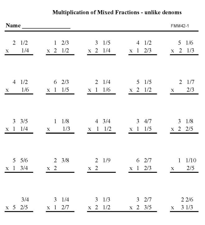 Printable fractions multiplicaton work sheet - math skills student practice sheet