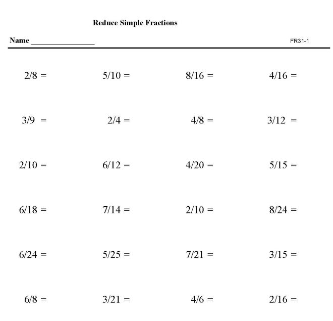 Printable reduction of fractions, pratice sheet