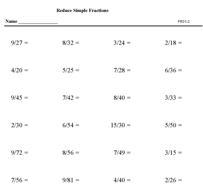 Printable reduction of fractions, pratice sheet