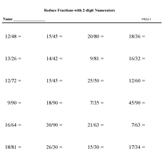 Printable reduction of fractions, pratice sheet