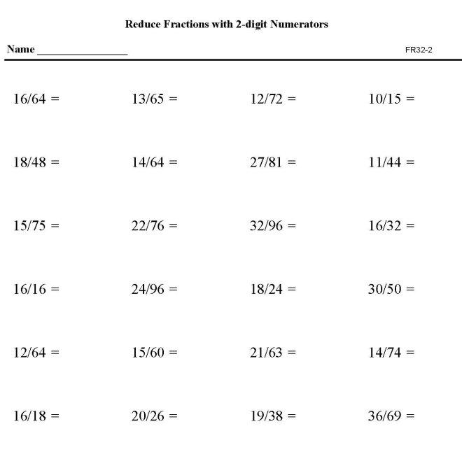 Printable reduction of fractions, pratice sheet