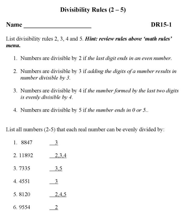Printable Divisibility Rules sheet - math skills practice sheet