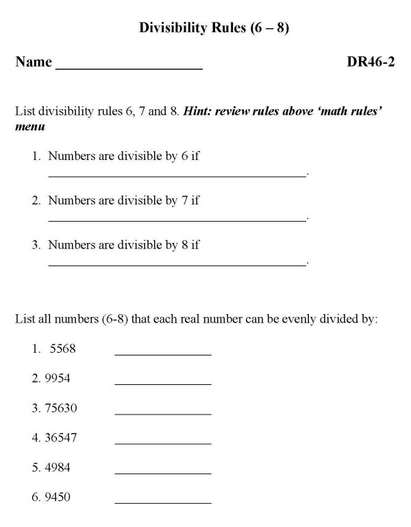 Printable divisibility rules sheet - math skills practice sheet