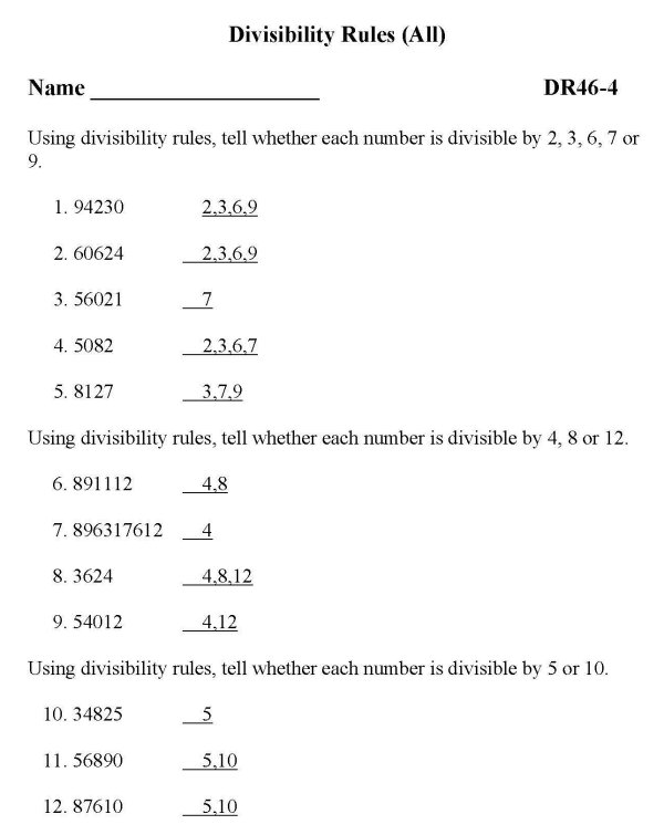 Printable Divisibility Rules sheet - math skills practice sheet