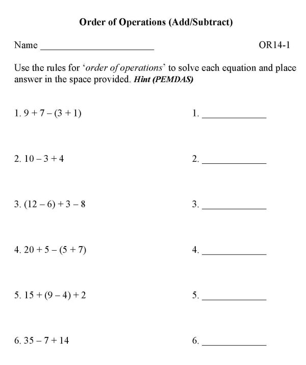 Printable order of operations sheet - math skills practice sheet