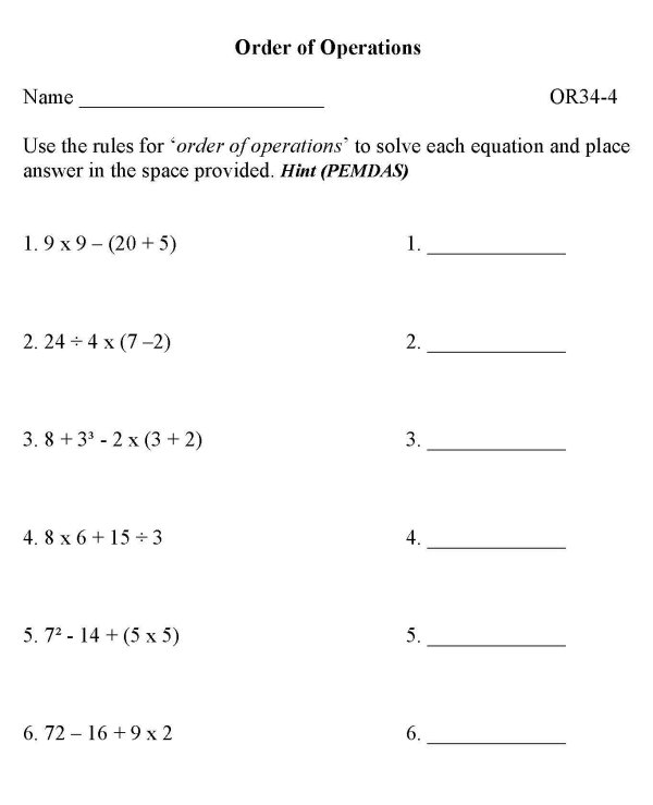 Printable order of operations sheet - math skills practice sheet